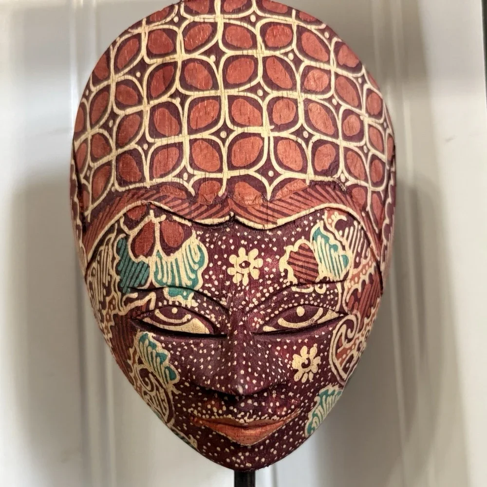 Vintage Tribal Art Mask Indonesian Batik Wooden Hand Carved Wall Hanging